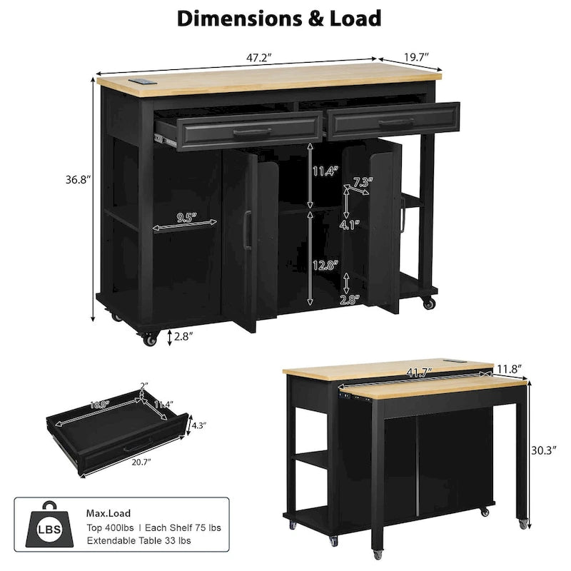 Îlot de cuisine de 47 pouces avec table à manger extensible (tabouret non inclus)