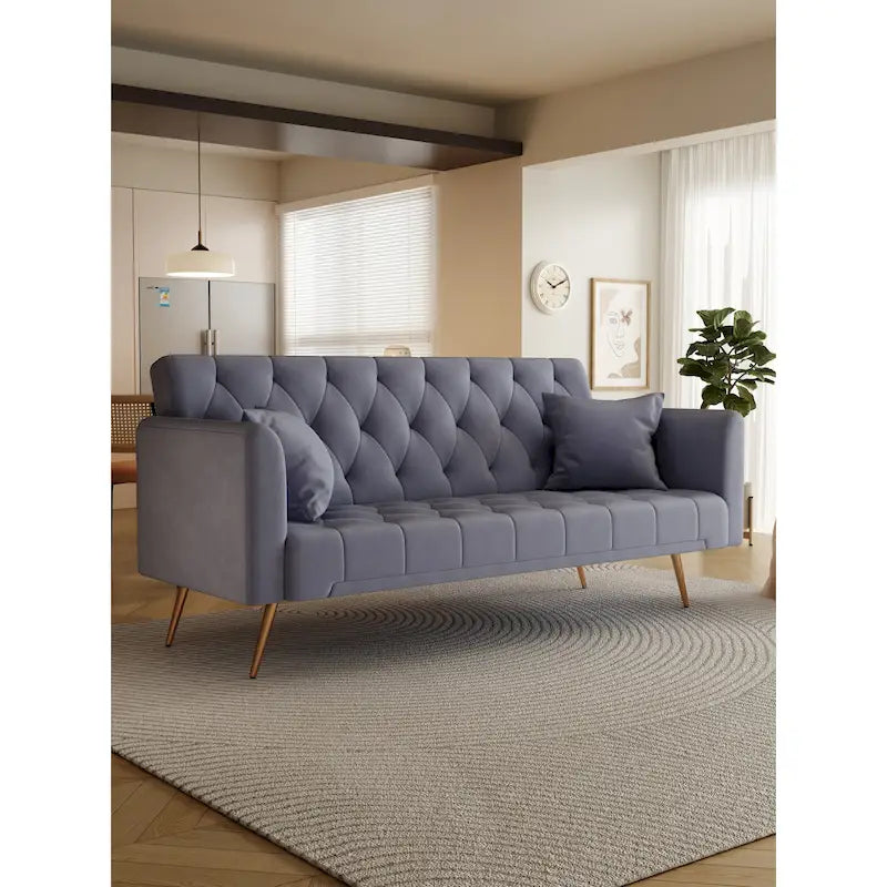 Canapé-lit double convertible capitonné gris - 19.00 x 71.00 x 30.00