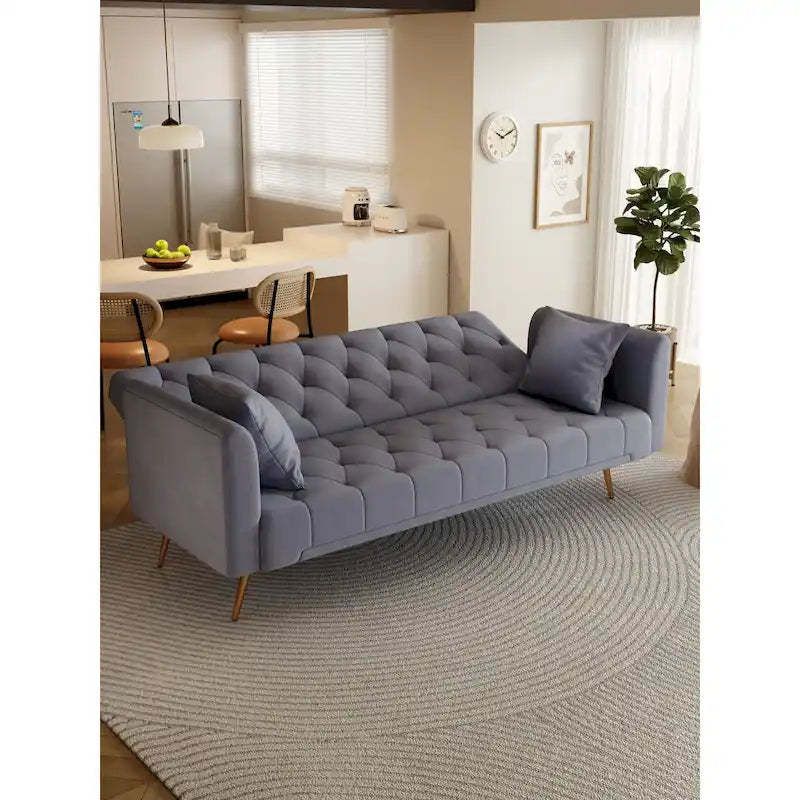 Canapé-lit double convertible capitonné gris - 19.00 x 71.00 x 30.00