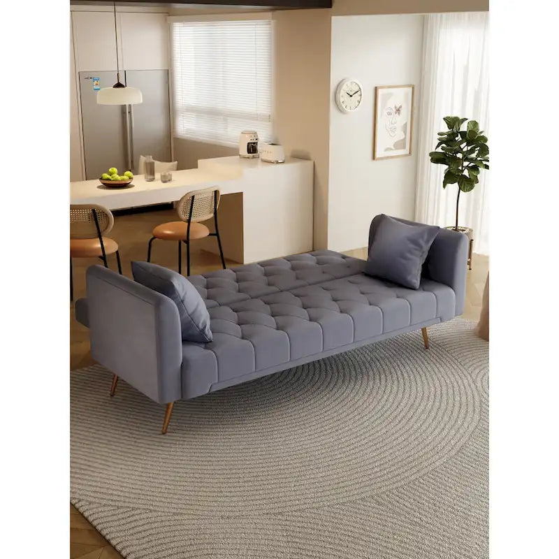 Canapé-lit double convertible capitonné gris - 19.00 x 71.00 x 30.00