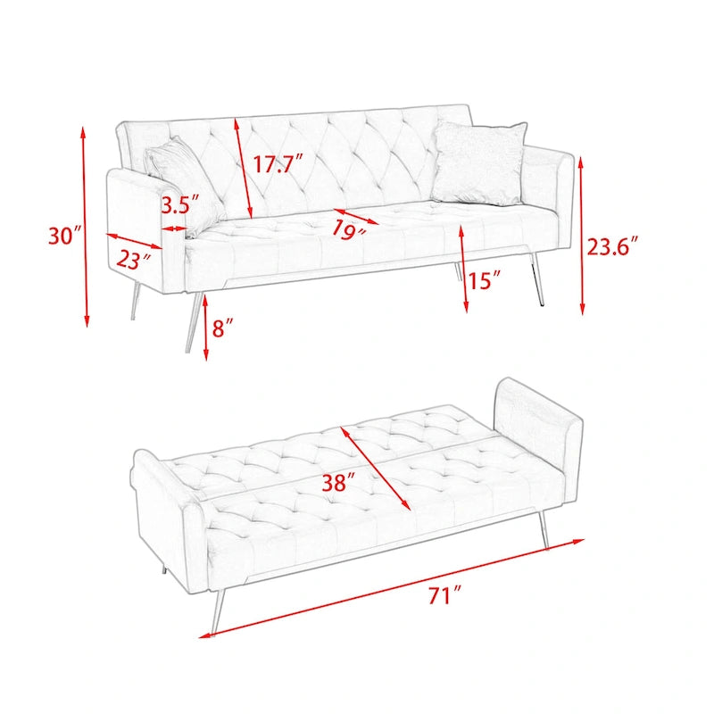 Canapé-lit double convertible capitonné gris - 19.00 x 71.00 x 30.00
