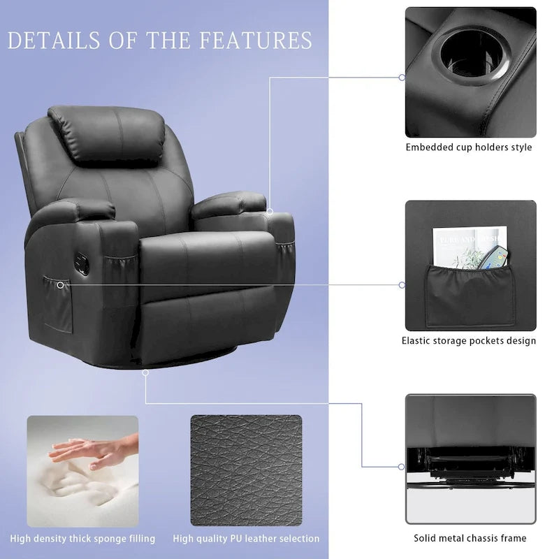 Fauteuil Inclinable de Massage Pivotant Chauffant en Similicuir pour Salon