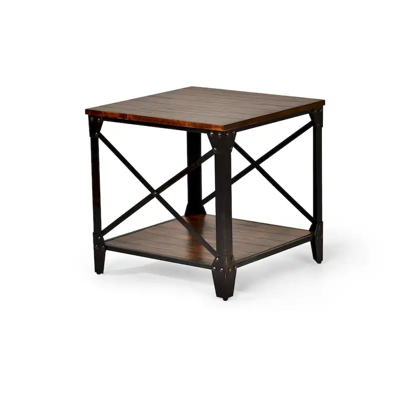 Table d'appoint carrée rustique en bois massif et fer