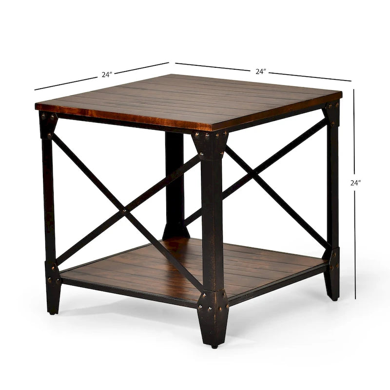 Table d'appoint carrée rustique en bois massif et fer