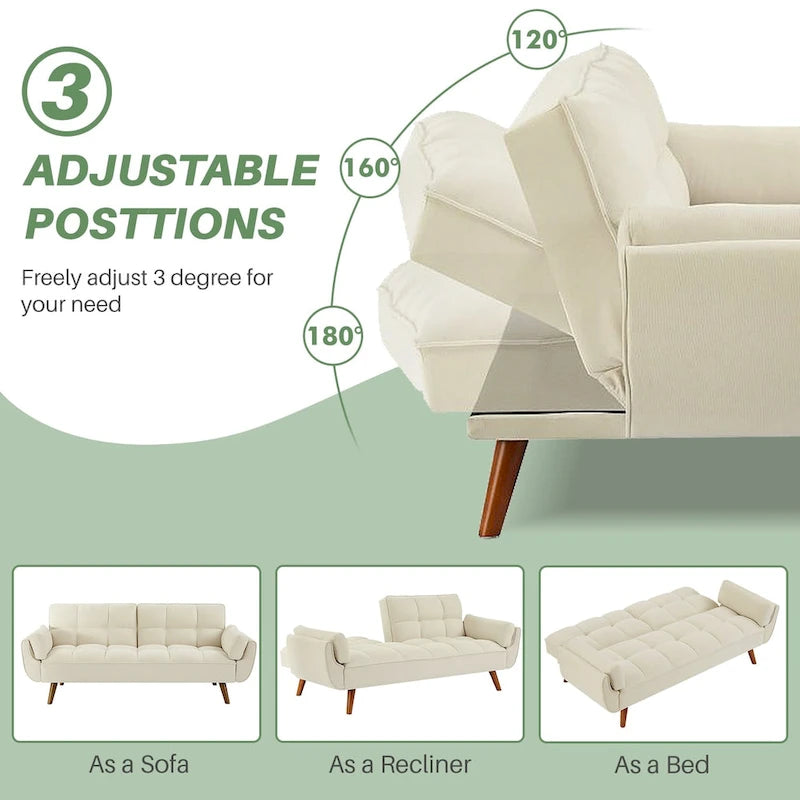 75.39 Canapé-lit Futon, Canapé Futon Pliant Convertible Transat Inclinable Pour Salon Avec 2 Oreillers/Accoudoirs