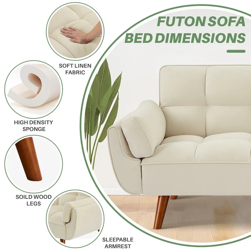 75.39 Canapé-lit Futon, Canapé Futon Pliant Convertible Transat Inclinable Pour Salon Avec 2 Oreillers/Accoudoirs