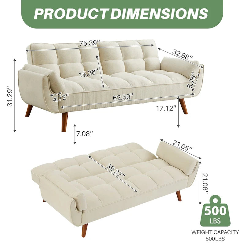 75.39 Canapé-lit Futon, Canapé Futon Pliant Convertible Transat Inclinable Pour Salon Avec 2 Oreillers/Accoudoirs