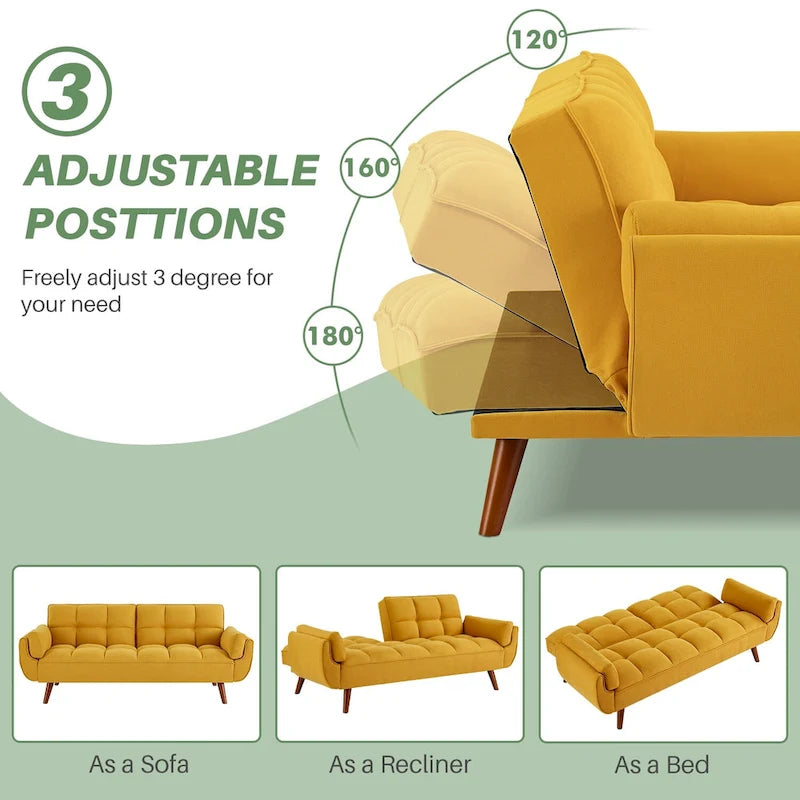 75.39 Canapé-lit Futon, Canapé Futon Pliant Convertible Transat Inclinable Pour Salon Avec 2 Oreillers/Accoudoirs