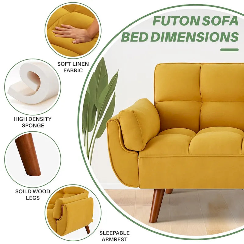 75.39 Canapé-lit Futon, Canapé Futon Pliant Convertible Transat Inclinable Pour Salon Avec 2 Oreillers/Accoudoirs