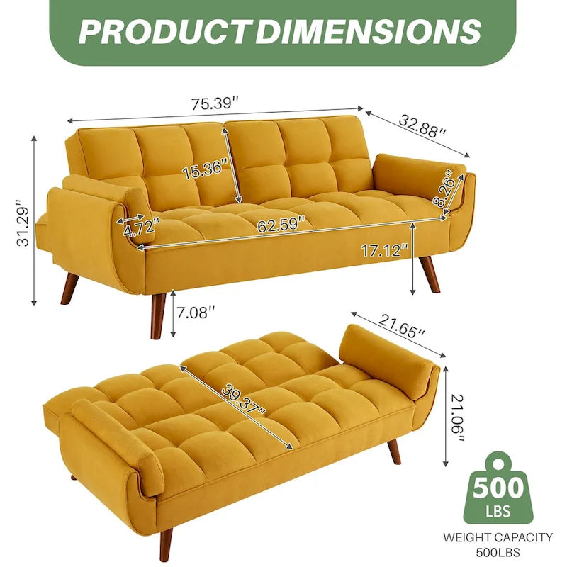 75.39 Canapé-lit Futon, Canapé Futon Pliant Convertible Transat Inclinable Pour Salon Avec 2 Oreillers/Accoudoirs