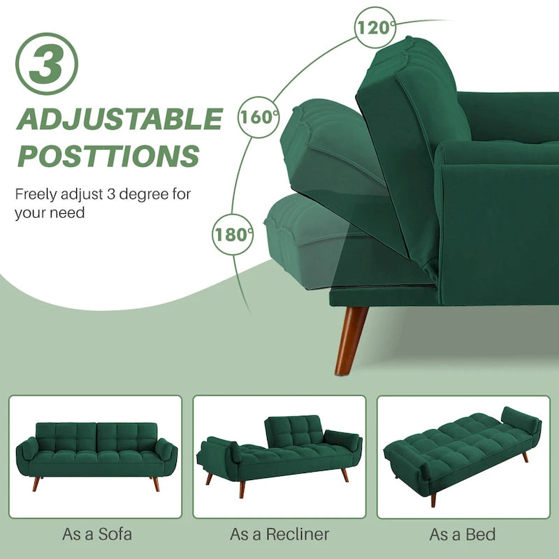 75.39 Canapé-lit Futon, Canapé Futon Pliant Convertible Transat Inclinable Pour Salon Avec 2 Oreillers/Accoudoirs