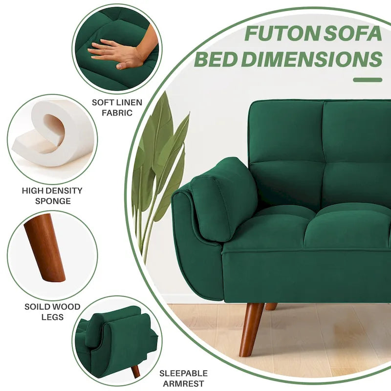 75.39 Canapé-lit Futon, Canapé Futon Pliant Convertible Transat Inclinable Pour Salon Avec 2 Oreillers/Accoudoirs