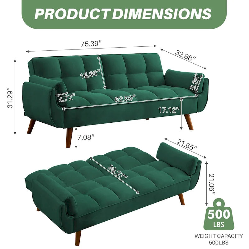 75.39 Canapé-lit Futon, Canapé Futon Pliant Convertible Transat Inclinable Pour Salon Avec 2 Oreillers/Accoudoirs