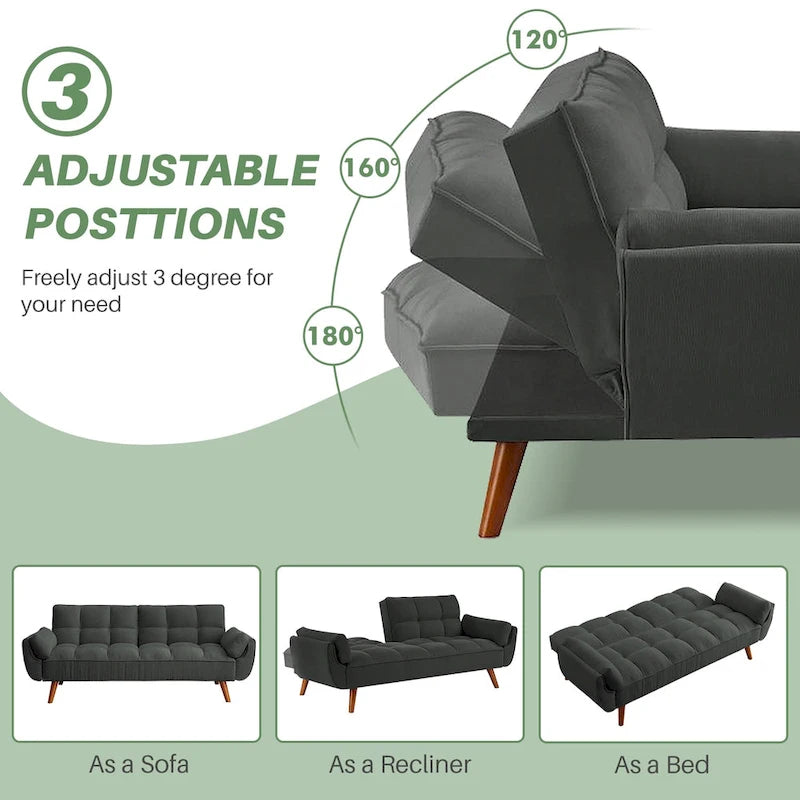 75.39 Canapé-lit Futon, Canapé Futon Pliant Convertible Transat Inclinable Pour Salon Avec 2 Oreillers/Accoudoirs