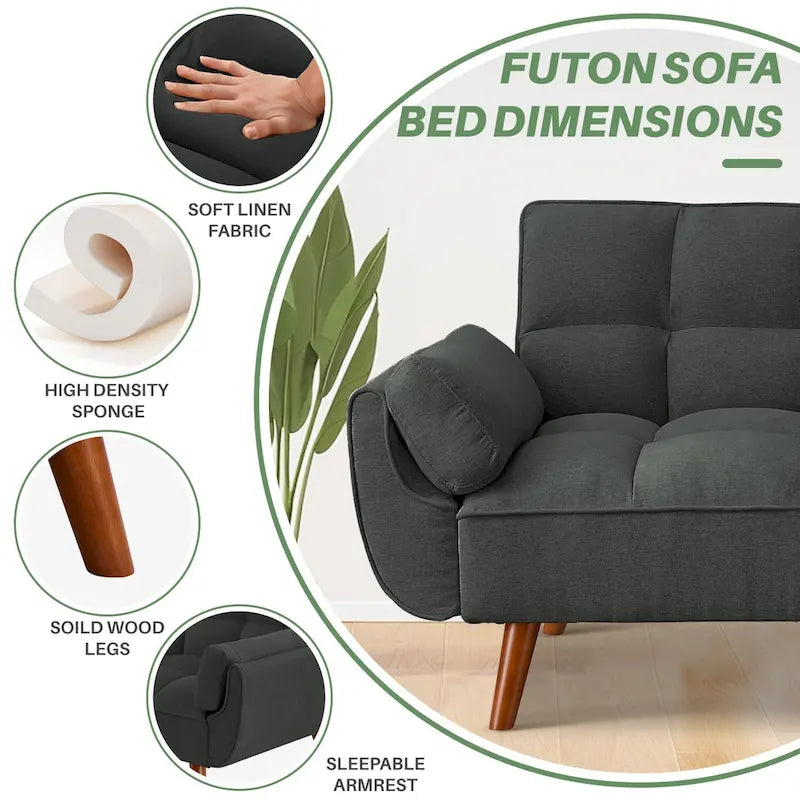 75.39 Canapé-lit Futon, Canapé Futon Pliant Convertible Transat Inclinable Pour Salon Avec 2 Oreillers/Accoudoirs