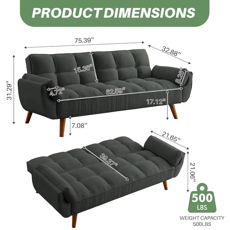 75.39 Canapé-lit Futon, Canapé Futon Pliant Convertible Transat Inclinable Pour Salon Avec 2 Oreillers/Accoudoirs