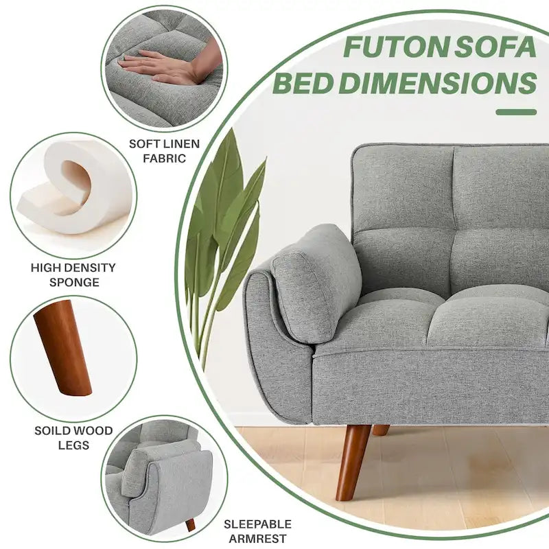 75.39 Canapé-lit Futon, Canapé Futon Pliant Convertible Transat Inclinable Pour Salon Avec 2 Oreillers/Accoudoirs
