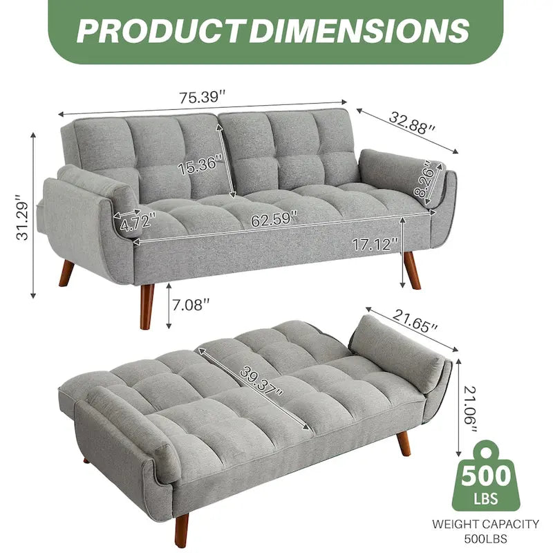 75.39 Canapé-lit Futon, Canapé Futon Pliant Convertible Transat Inclinable Pour Salon Avec 2 Oreillers/Accoudoirs