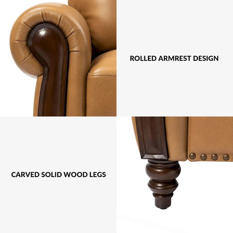 Canapé traditionnel en cuir véritable avec pieds en bois sculptés de 84 po par