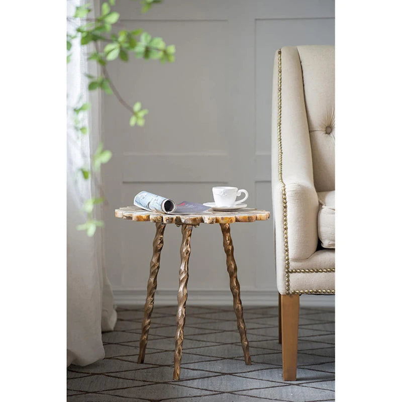 Table d'appoint en agate dorée et laiton incrusté, avec pieds torsadés