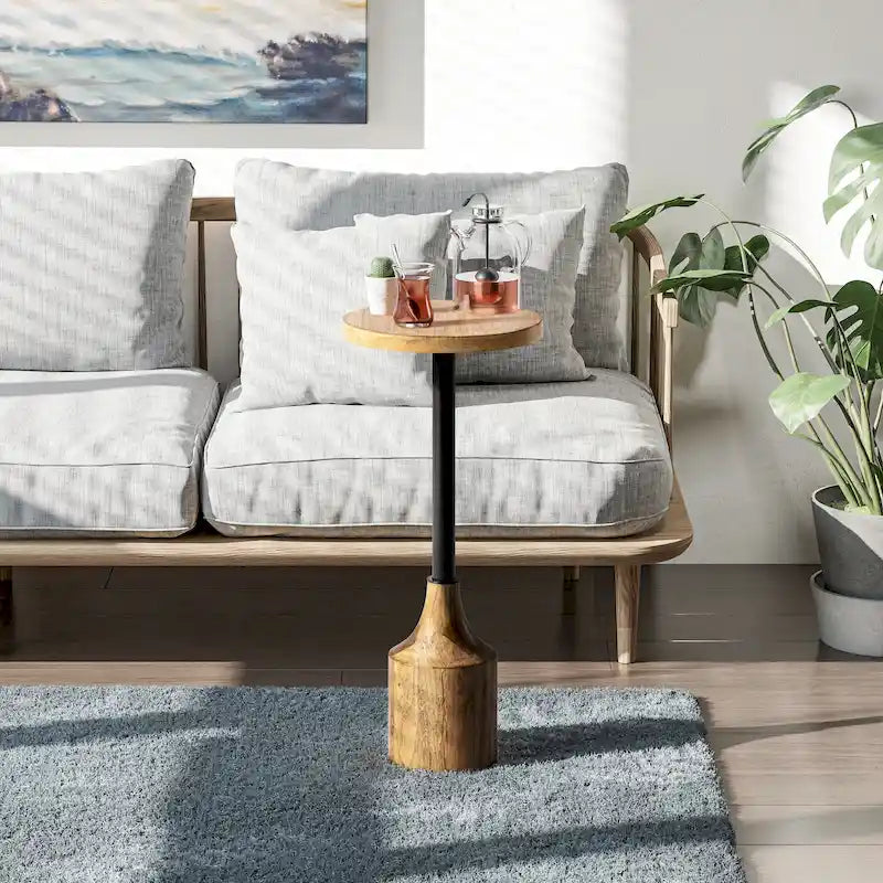 Table d'appoint sur pied de style ferme, Table d'appoint rustique en bois avec base, Table basse ronde pour petit salon
