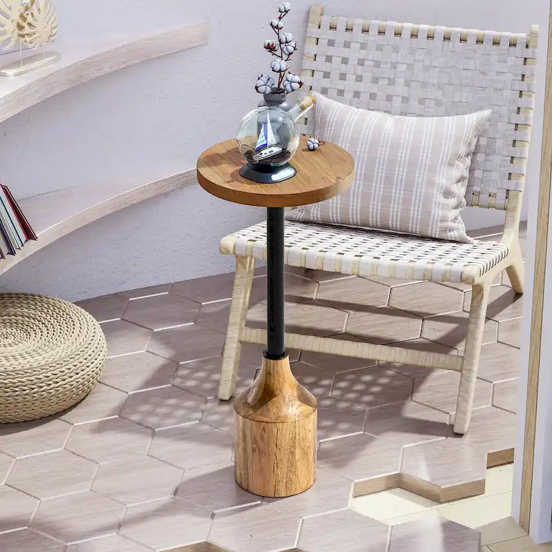 Table d'appoint sur pied de style ferme, Table d'appoint rustique en bois avec base, Table basse ronde pour petit salon