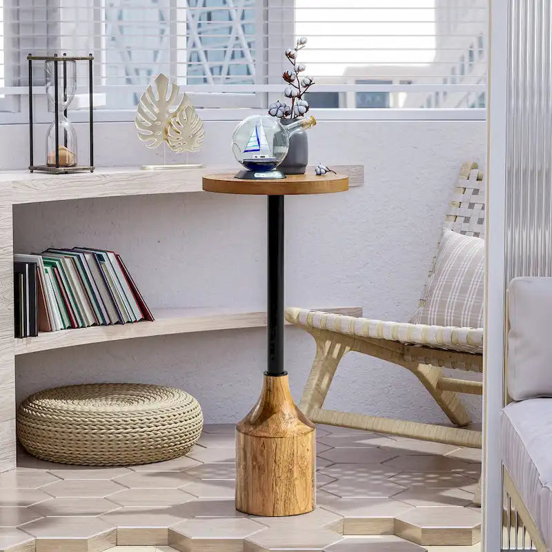 Table d'appoint sur pied de style ferme, Table d'appoint rustique en bois avec base, Table basse ronde pour petit salon