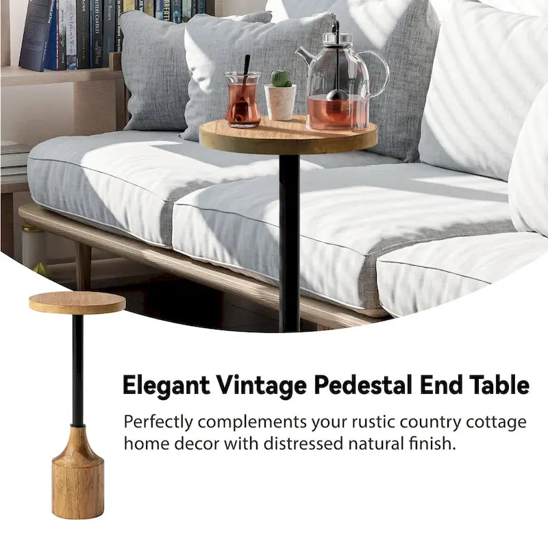 Table d'appoint sur pied de style ferme, Table d'appoint rustique en bois avec base, Table basse ronde pour petit salon