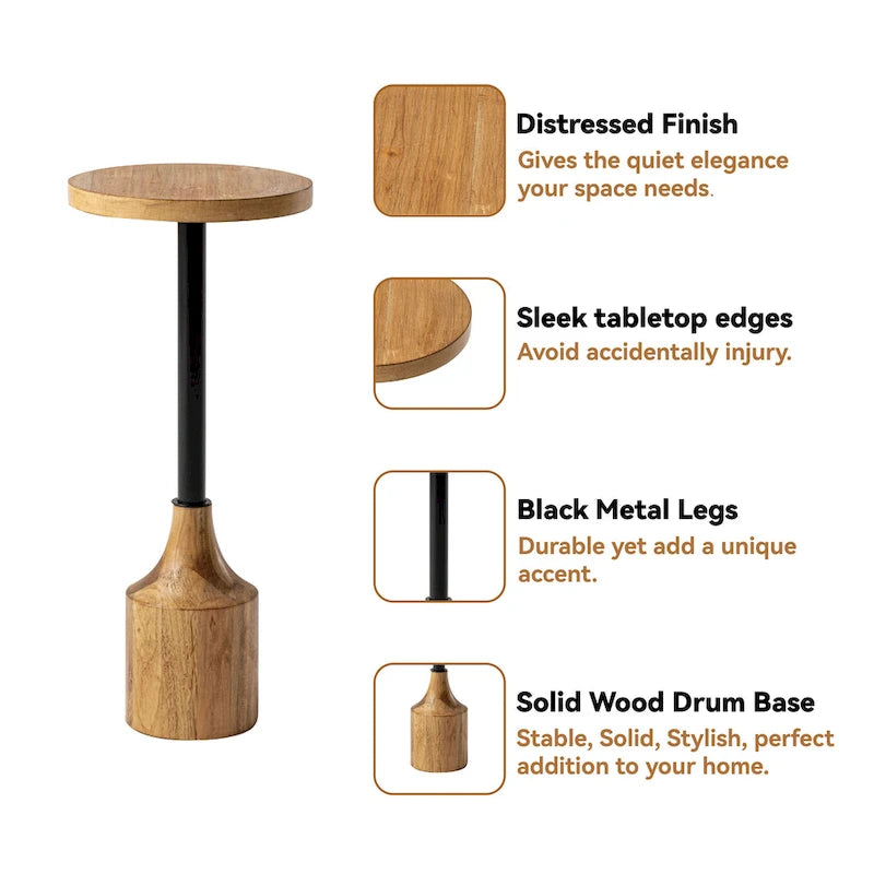 Table d'appoint sur pied de style ferme, Table d'appoint rustique en bois avec base, Table basse ronde pour petit salon