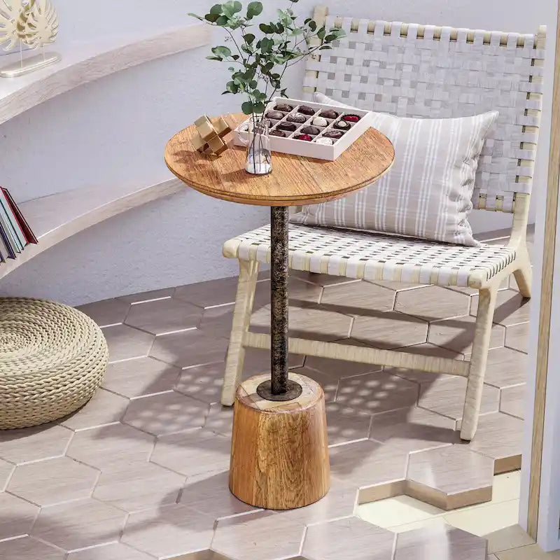 Table d'appoint sur pied de style ferme, Table d'appoint rustique en bois avec base, Table basse ronde pour petit salon