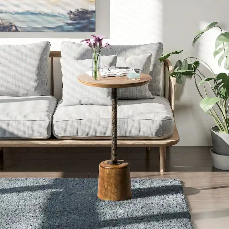 Table d'appoint sur pied de style ferme, Table d'appoint rustique en bois avec base, Table basse ronde pour petit salon