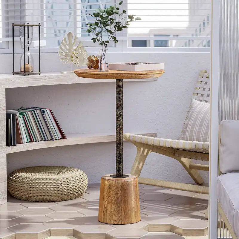 Table d'appoint sur pied de style ferme, Table d'appoint rustique en bois avec base, Table basse ronde pour petit salon