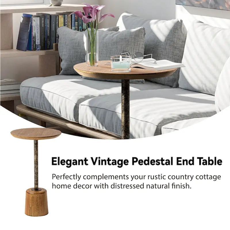 Table d'appoint sur pied de style ferme, Table d'appoint rustique en bois avec base, Table basse ronde pour petit salon