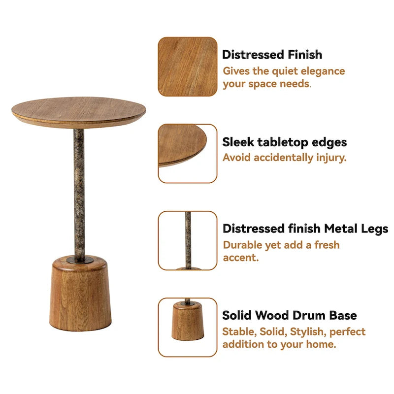 Table d'appoint sur pied de style ferme, Table d'appoint rustique en bois avec base, Table basse ronde pour petit salon