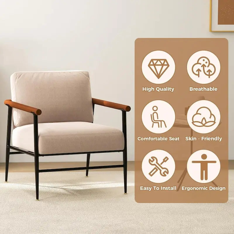 Fauteuil d'appoint, chaise moderne du milieu du siècle en tissu de lin pour salon, chaise de lecture avec coussin de dossier surdimensionné