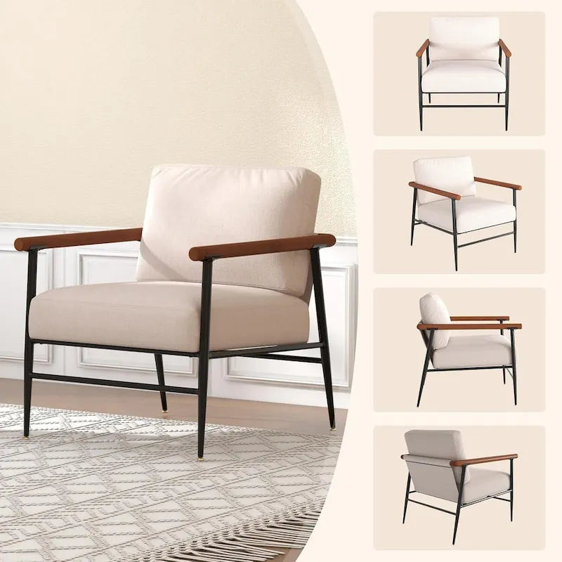 Fauteuil d'appoint, chaise moderne du milieu du siècle en tissu de lin pour salon, chaise de lecture avec coussin de dossier surdimensionné