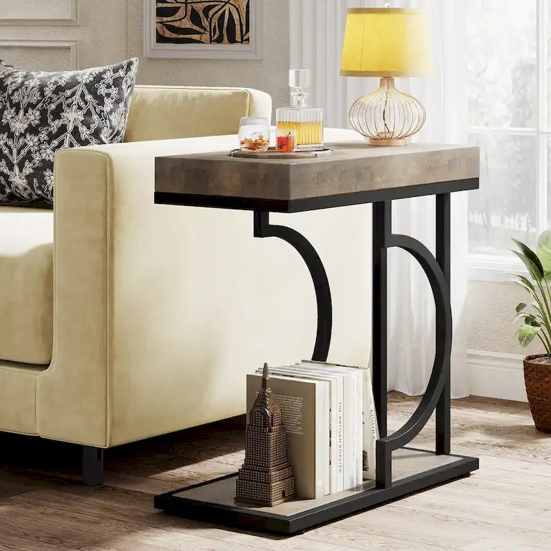 Table d'appoint étroite blanche et dorée, table d'appoint en forme de C, table de chevet moderne, petite table d'appoint pour canapé de salon