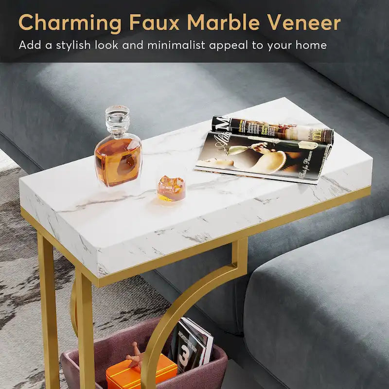 Table d'appoint étroite blanche et dorée, table d'appoint en forme de C, table de chevet moderne, petite table d'appoint pour canapé de salon