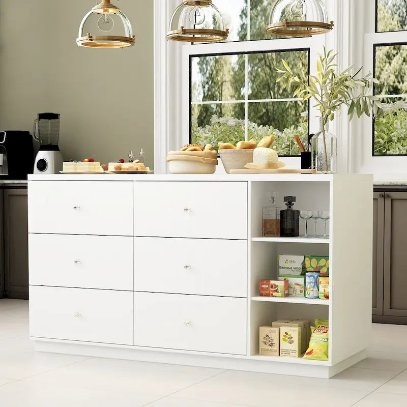 Îlot de cuisine 63W avec rangement blanc, tiroirs et placards - 63