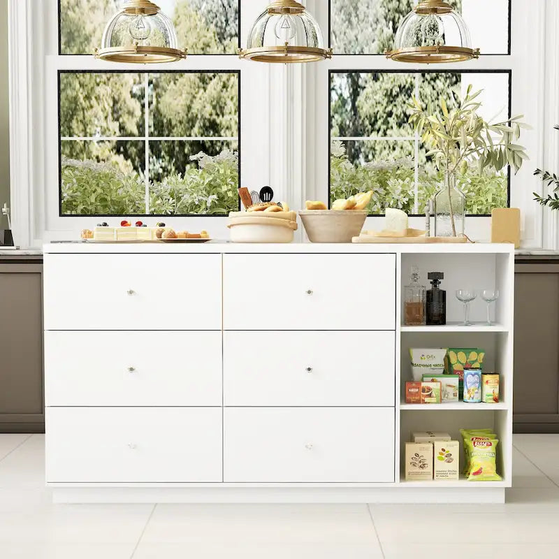 Îlot de cuisine 63W avec rangement blanc, tiroirs et placards - 63