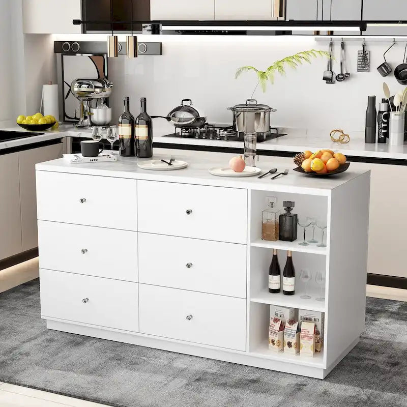 Îlot de cuisine 63W avec rangement blanc, tiroirs et placards - 63