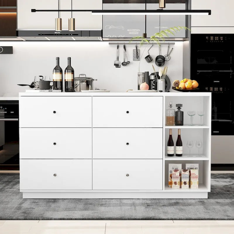 Îlot de cuisine 63W avec rangement blanc, tiroirs et placards - 63