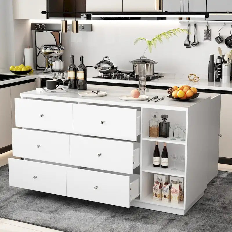 Îlot de cuisine 63W avec rangement blanc, tiroirs et placards - 63