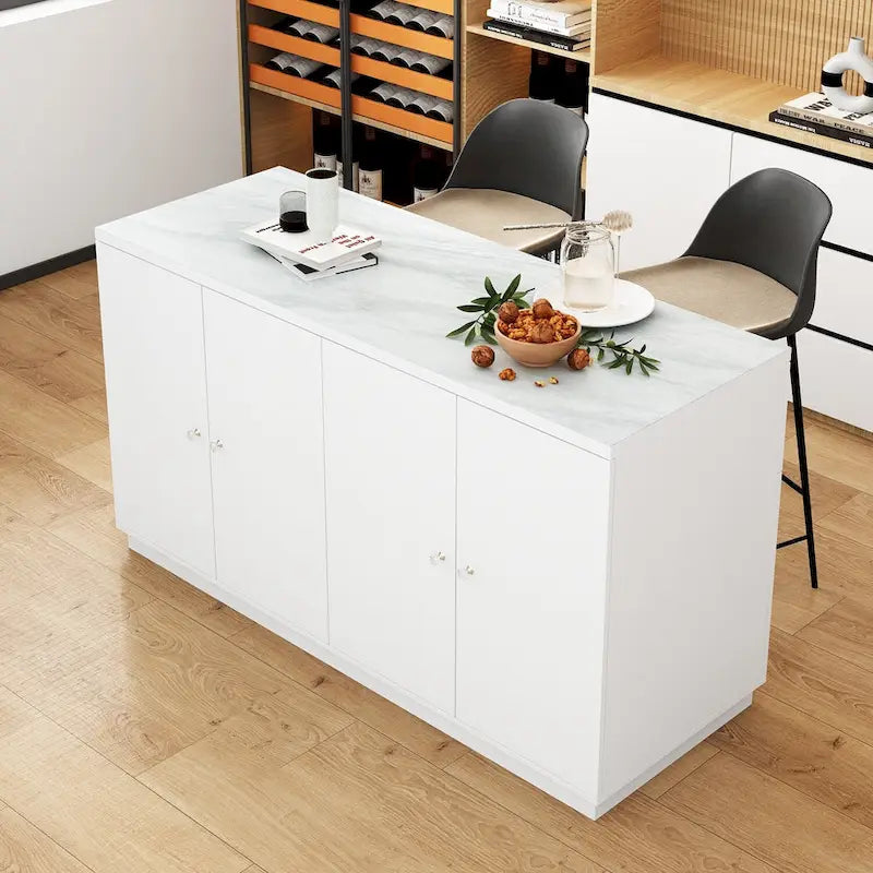 Îlot de cuisine 63W avec rangement blanc, tiroirs et placards - 63