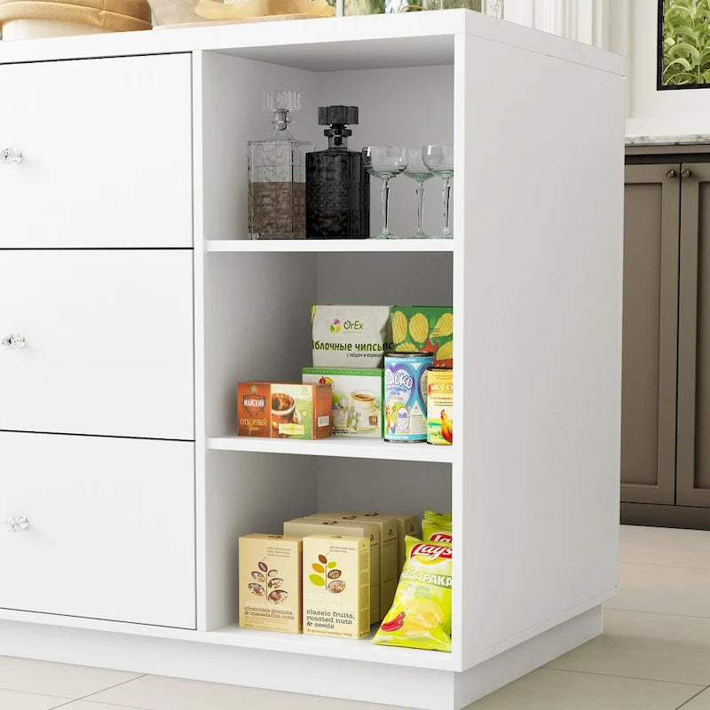 Îlot de cuisine 63W avec rangement blanc, tiroirs et placards - 63