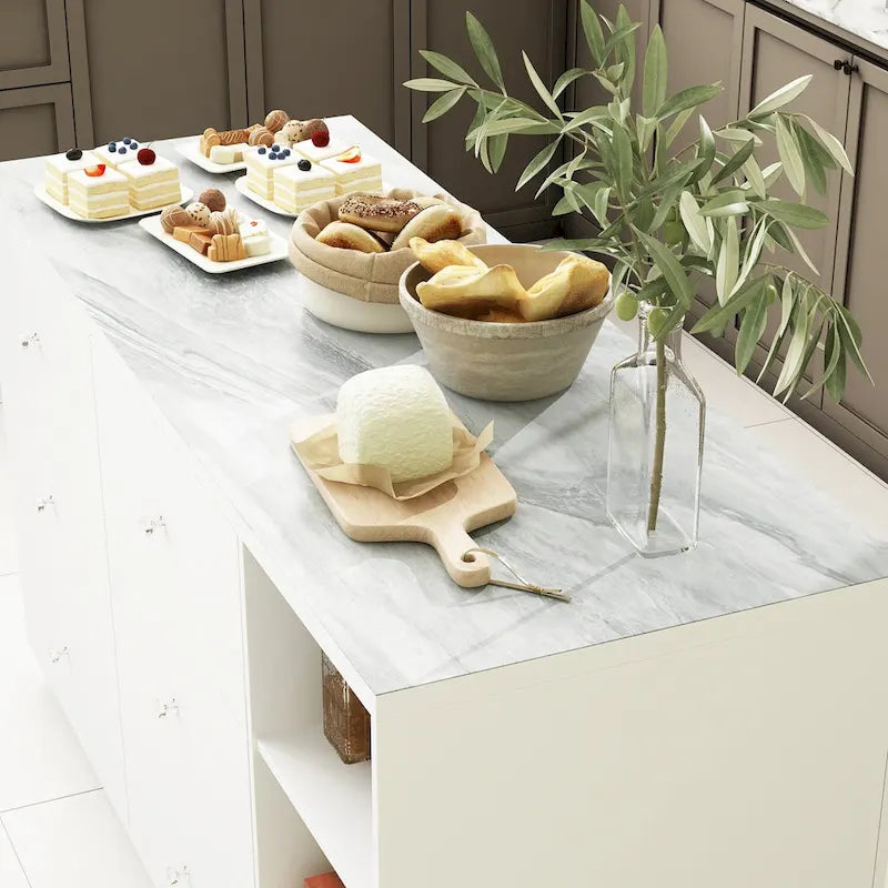 Îlot de cuisine 63W avec rangement blanc, tiroirs et placards - 63