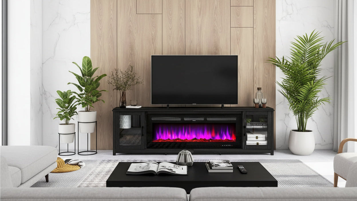 Meuble TV avec cheminée de 80 po, centre de divertissement avec foyer électrique de 50 po