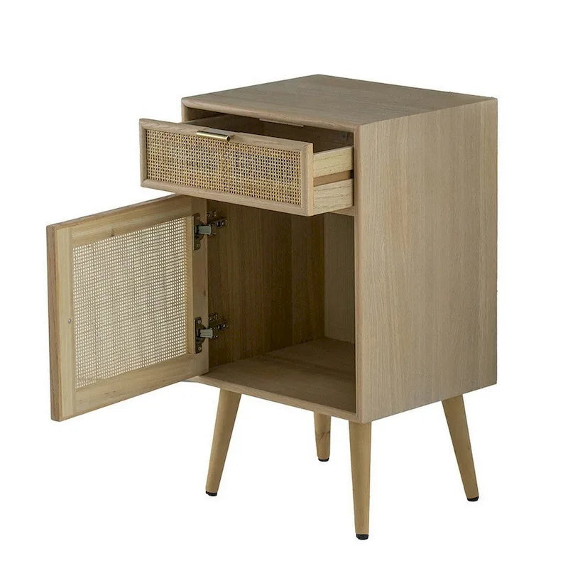 Meuble d'appoint de 71 cm, 1 tiroir, pin, design en rotin tressé - 71 H x 34,3 L x 41,9 P cm