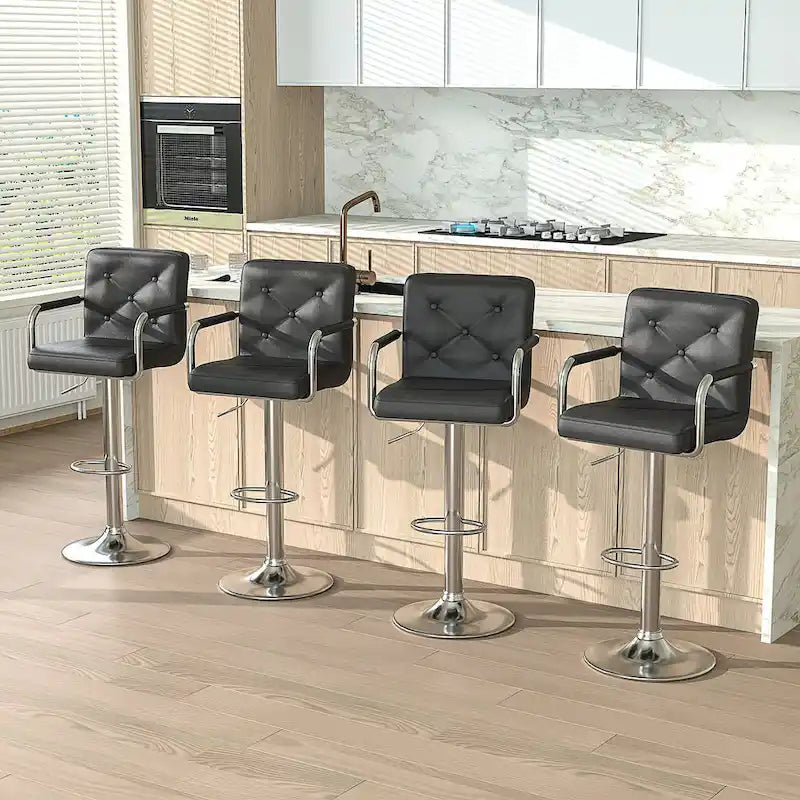 Tabourets de bar pivotants réglables en hauteur en cuir PU avec dossier et accoudoirs, lot de 4