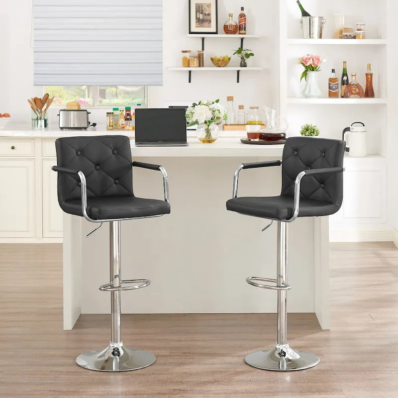Tabourets de bar pivotants réglables en hauteur en cuir PU avec dossier et accoudoirs, lot de 4